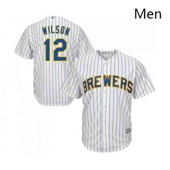 Mens Milwaukee Brewers 12 Alex Wilson Replica White Home Cool Base Baseball Jersey